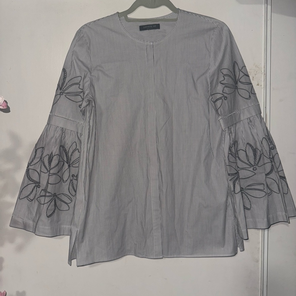 Lafayette 148 New York Gray Embellished Blouse with Flared Sleeves